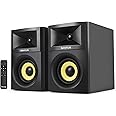 Sanyun SW205 80W 4” Powered Bookshelf Speakers with Wooden Cabinet - Innovative Exterior Designs and Advanced DSP Chips - Optical 3.5mm Aux and Bluetooth 5.4 Inputs – Wireless Remote (Pair, Black)