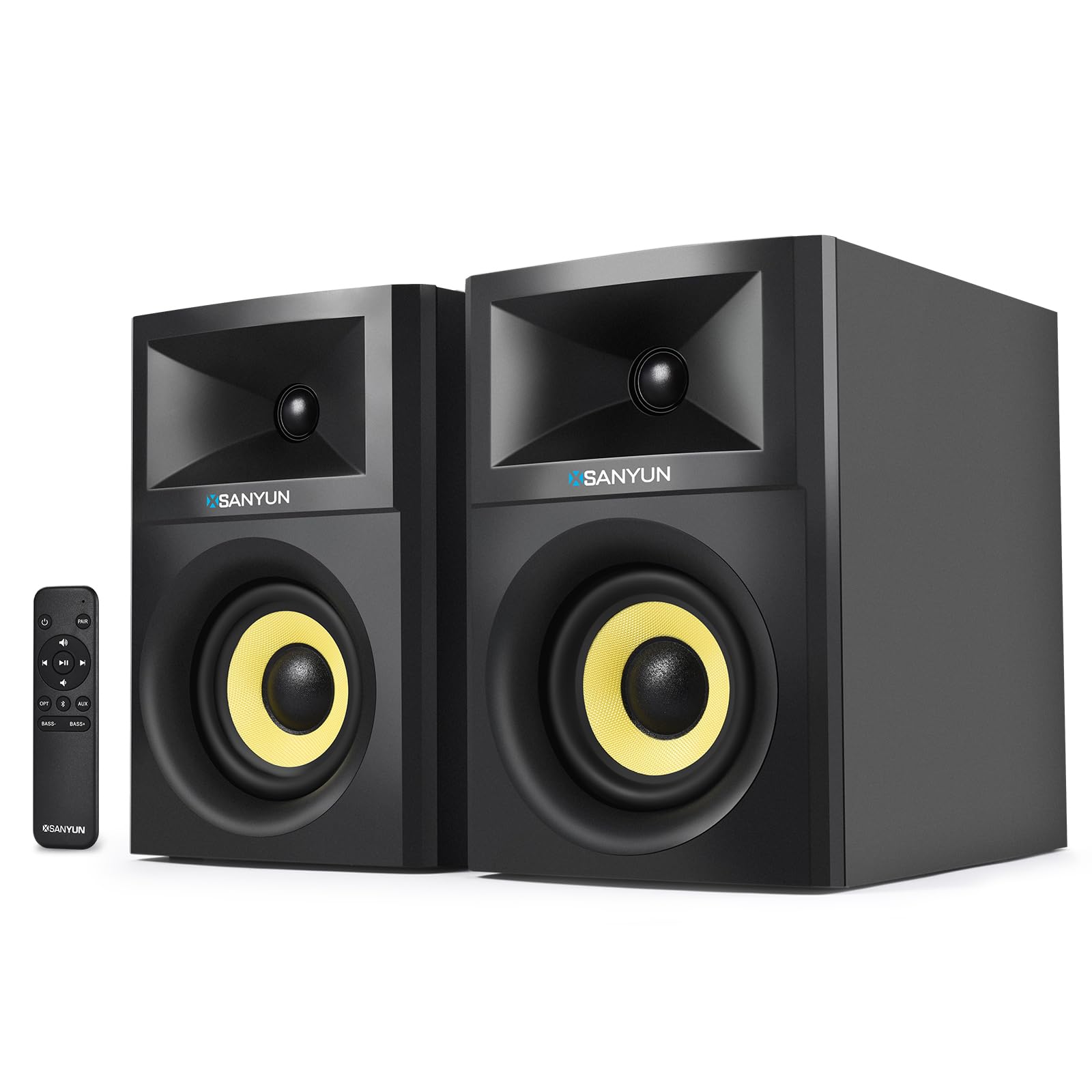 Photo 1 of Sanyun SW205 80W 4” Powered Bookshelf Speakers with Wooden Cabinet - Innovative Exterior Designs and Advanced DSP Chips - Optical 3.5mm Aux and Bluetooth 5.4 Inputs – Wireless Remote (Pair, Black)