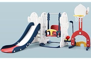 GAOMON 7 in 1 Toddler Slide and Swing Set, Kids Freestanding Slide Climber with Adjustable Swing and Basketball Hoop, Soccer Golf and Ring Toss Game, Indoor Outdoor Playset for Toddlers Age 1-3