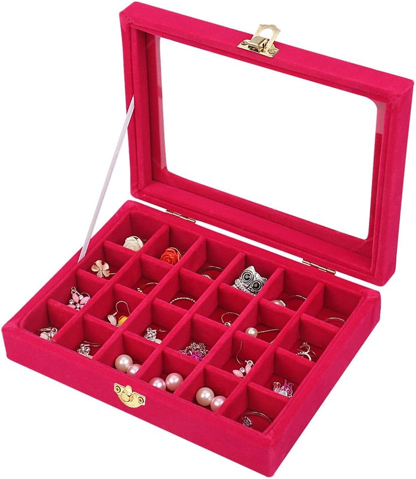LANTWOO 24 Grids Velvet Glass Ring Earrings Jewelry Box Earrings Organiser Storage Holder Display Case