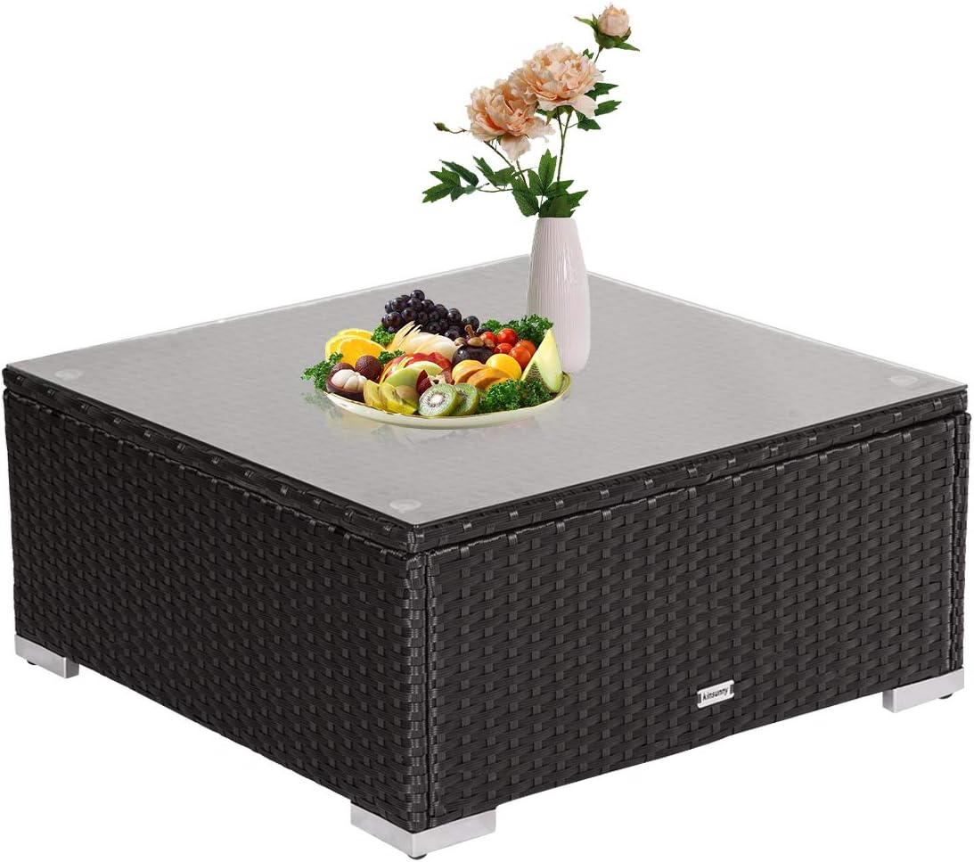 Amazon Com Kinsunny Outdoor Square Patio Coffee Table Glass Top Pe Rattan Wicker Side Table Storage Table Indoor Tea Table Black Kitchen Dining