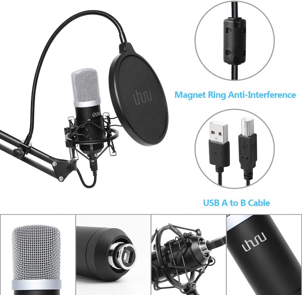 USB Podcast Condenser Microphone 192kHZ/24bit, UHURU Professional PC Streaming Cardioid Microphone Kit with Boom Arm, Shock Mount, Pop Filter and Windscreen, for Broadcasting, Recording, YouTube: Home Audio & Theater