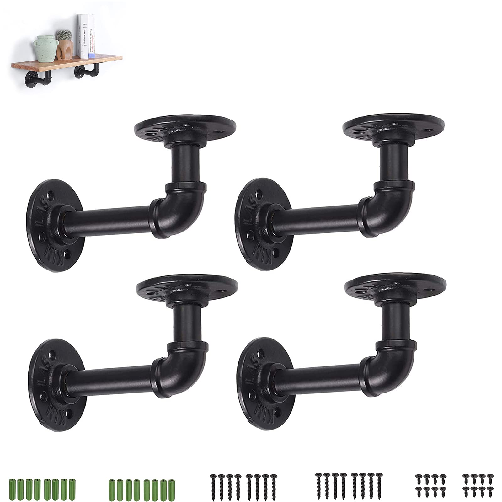 HOMGEN 4Pack Industrial Pipe Shelf Brackets Withstand 20KG Iron Pipe Floating Black Shelf Brackets Heavy Duty Shelf Bracket with Screws Wall Brackets for Scaffolding Board (15 X 8 cm)