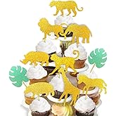 ALISSAR 40-pack Glitter Safari Jungle Animal Cupcake Toppers with Leaves, Safari Jungle Theme Baby Shower Party Cake Food Decoration Supplies