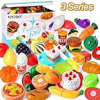 FLY2SKY Play Food Kitchen Toys Kids Cutting Toys Set Pretend Food Playset Toddlers Girls Boys Christmas Birthday Gifts Learning Toys with Storage Bag, 3 Series (Fruits+Veggies+Cakes)