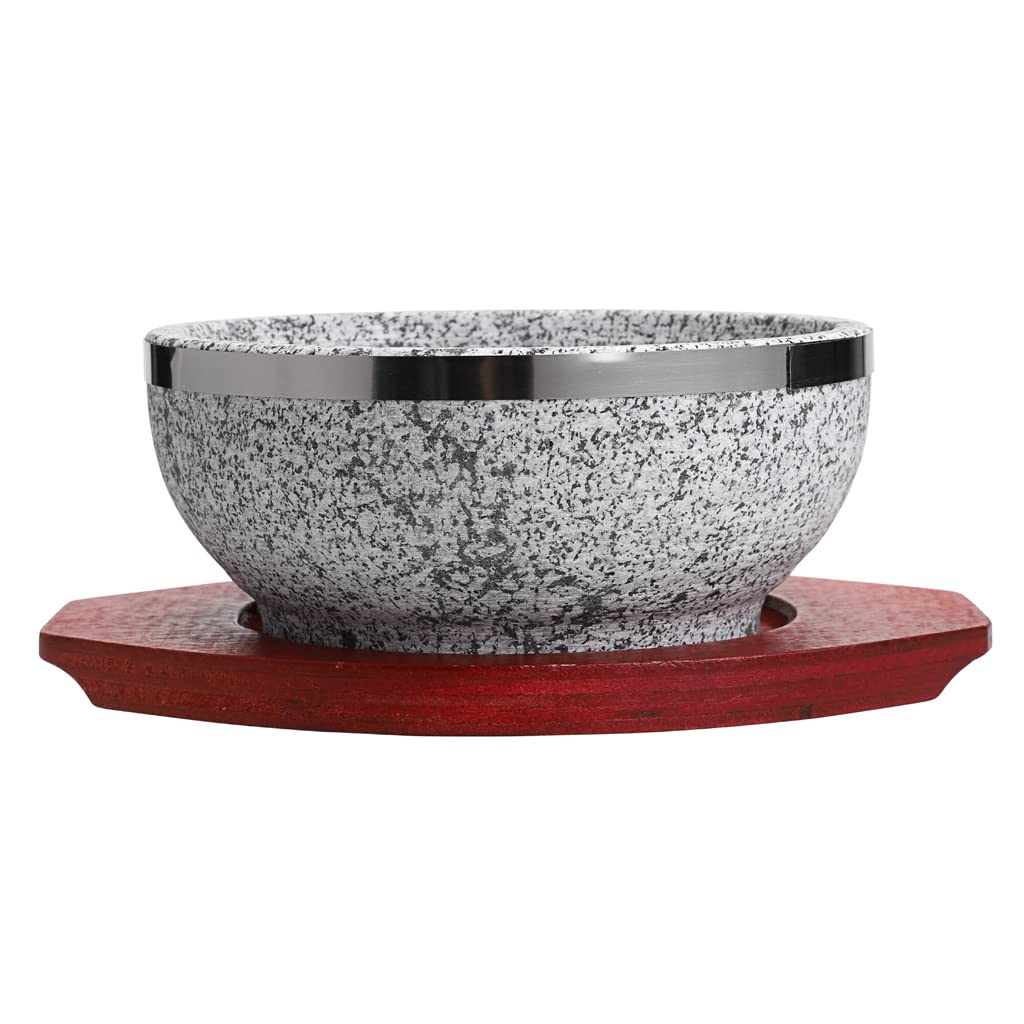 MDLUU Bibimbap Stone Bowl, Granite Dolsot Bowl with Wood Base, Sizzling Hot Pot for Korean Cooking, Soup, Stew