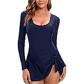 NESY Long Sleeve Swimsuits for Women Rash Guard Scoop Neck One Piece Bathing Suit Swim Dress Woman Swimwear Swimdress UPF 50+
