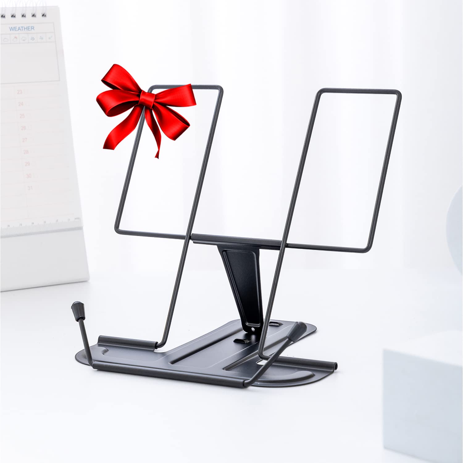 Photo 1 of MSDADA Metal Book Stand for Desk, Adjustable Reading Rest Book Holder, Portable Cookbook Documents Holder, Sturdy Typing Stand for Recipes Textbooks Tablet Music Books with Page Clips (Black)