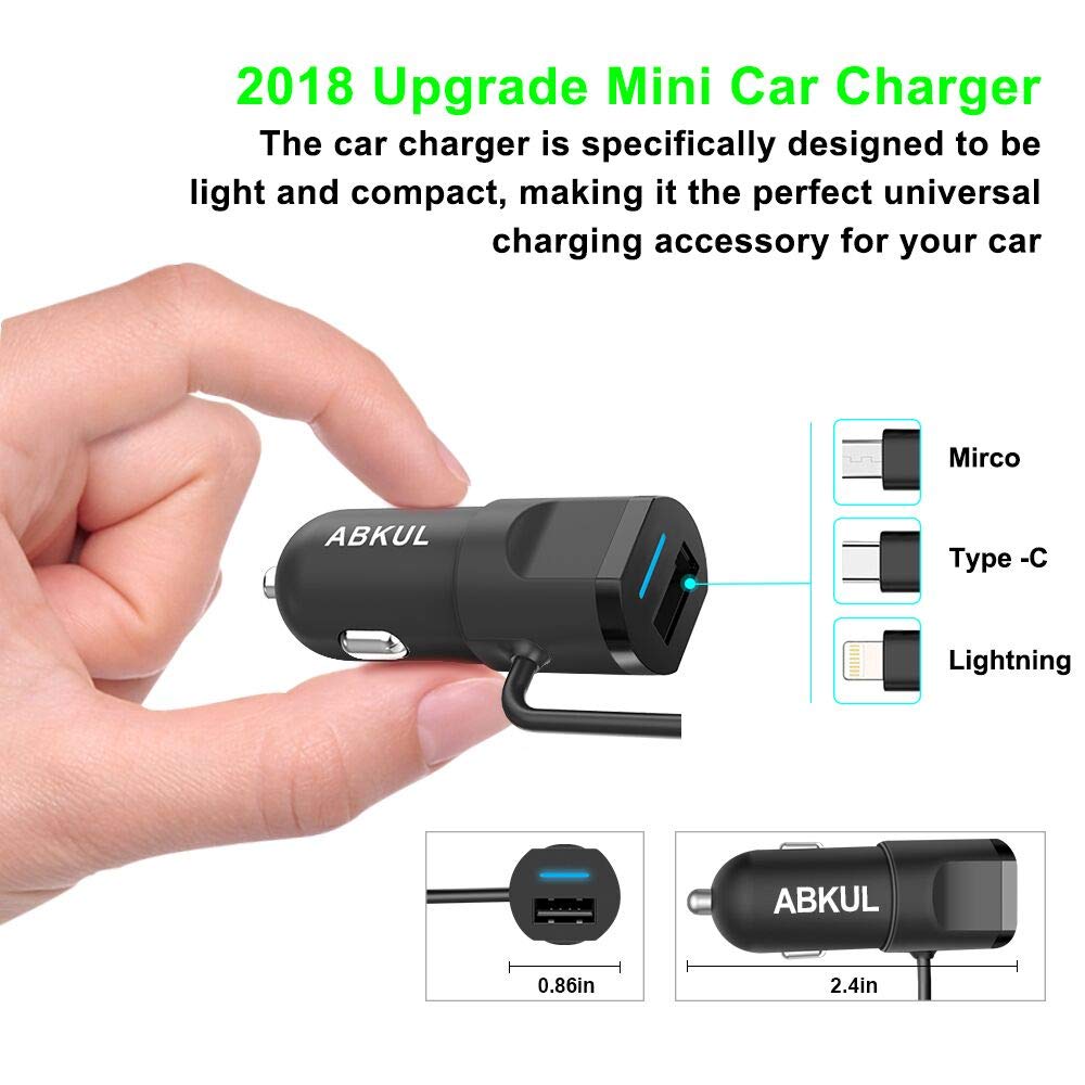 Car Charger, ABKUL 4.8A/24W Dual USB Fast Car Charger with Micro USB Cable, Compatible iPhone Xs Max XR XS X, Galaxy S9 S8, Note9 8, LG, HTC, Nexus 5X 6P, Pixel, iPad Pro/Air 2/Mini and More