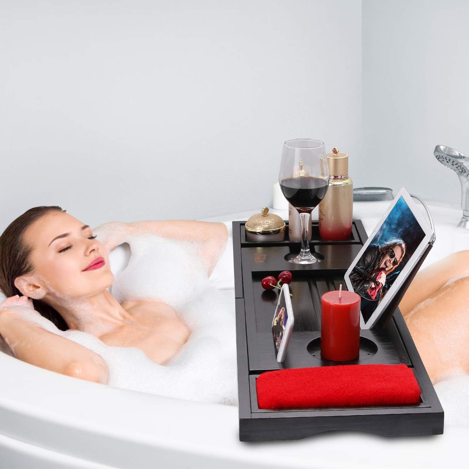 SIMATH Bathtub Tray Expandable, Bathtub Caddy Tray for Luxury Bath Bamboo Tray with Book Stand Wine Glass Holder, Free Soap Holder (Black): Home & Kitchen