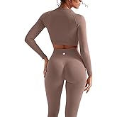 SUUKSESS Women 2 Piece Workout Sets Hidden Scrunch Hip Lifting Seamless Leggings Long Sleeve Yoga Crop Tops