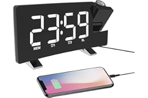 ThreeH Digital Projection Alarm Clock FM Radio Clock with USB Charger 2 Alarm Setting 5'' Large Display Snooze Function White
