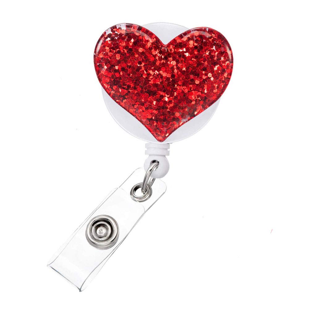 1 Pack Badge Reel Retractable ID Badge Holder with Belt Clip Glittery Heart Yo Yo Badge Reel Door Pass Holder Key Chain for Girls Nurse Teacher Student -Red
