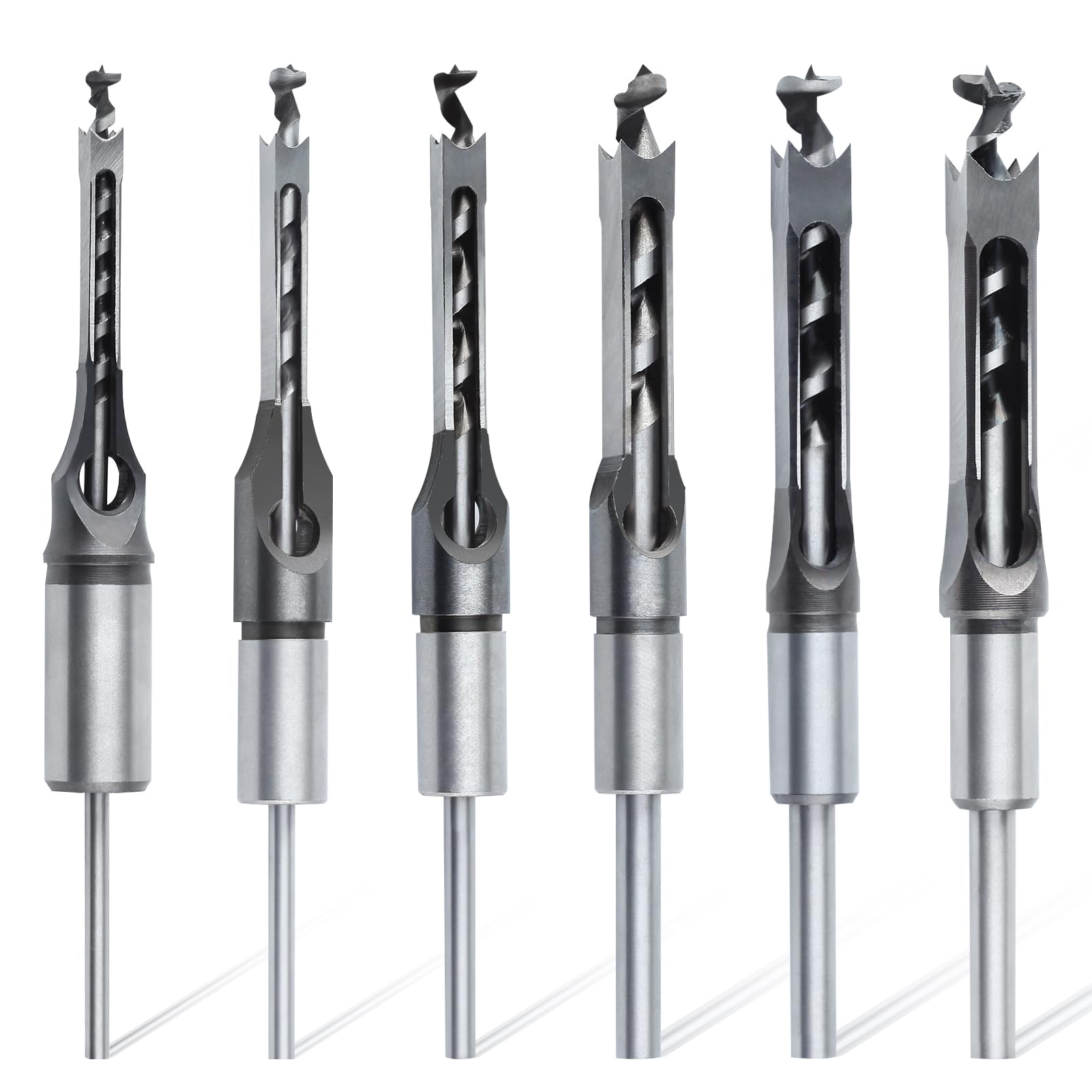 LEONTOOL 6Pcs Square Hole Drill Bits for Wood Square Hole Mortise Chisel Drill Bit Tools, 1/4" 5/16" 3/8" 1/2" 9/16" 5/8" Woodworking Hole Saw Mortising Chisel Drill Bit Set for Mortising Machines