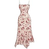 Milumia Women's Floral Print Ruched Spaghetti Straps Dress Asymmetrical Hem Cami Midi Dresses