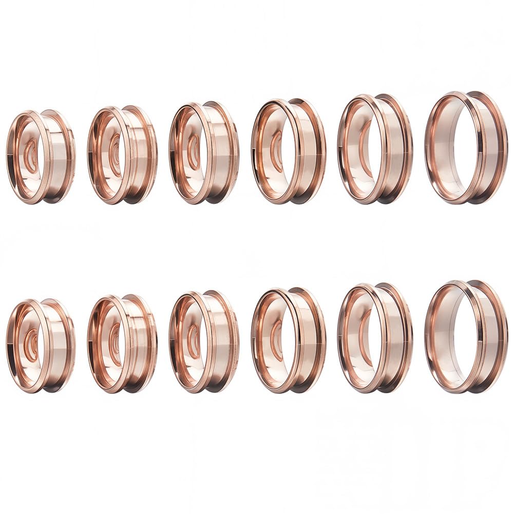 SUNNYCLUE 12Pcs Stainless Steel Grooved Finger Ring Blanks - Rose Gold US Size 7/8/9/10/11/12 Inlay Finger Rings for Jewellery Making Kits - Women & Men DIY Crafts