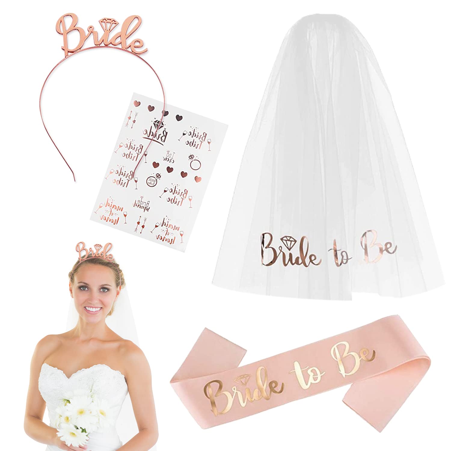 YHZMY 1 Pcs Hen Party Accessories Set, Hen Night Party Decoration, Hen Party Accessories Bride to be Set Include Bride Headband Tiara, Veil, Sash, Tattoos, for Bridal Shower, Bachelorette Party etc