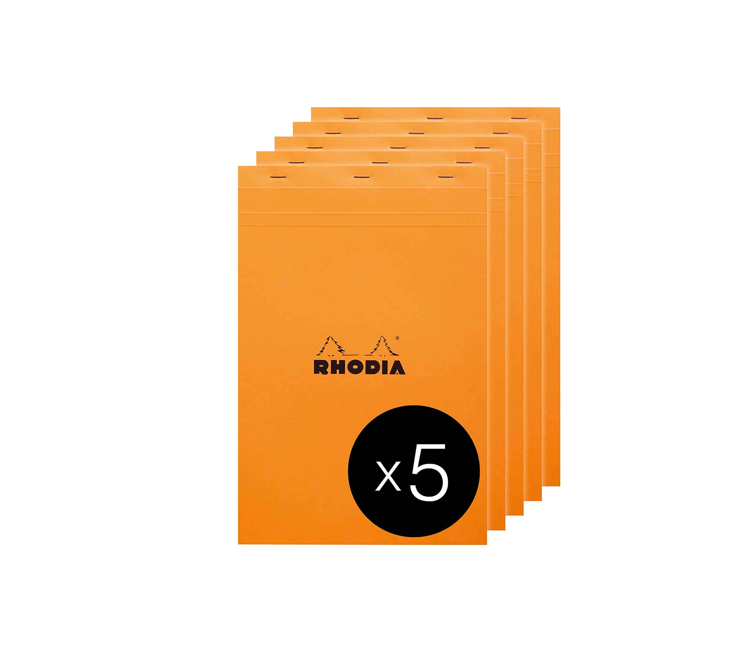 RHODIA 19000C - Stapled Notepad N°19 Orange - A4+ - 80 Detachable Sheets - Plain White Clairefontaine Paper 80 g/m² - Coated Card Cover - Pack of 5 pads
