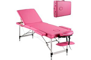 Careboda Massage Table Professional Massge Bed 3 Fold 82 Inches Height Adjustable for Spa Salon Lash Tattoo with Aluminum Legs Carrying Bag Accessories Pink