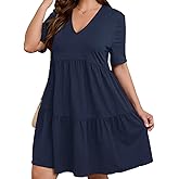 SOLY HUX Women's Plus Size V Neck Short Sleeve A Line Ruffle Hem Babydoll Flowy Dress