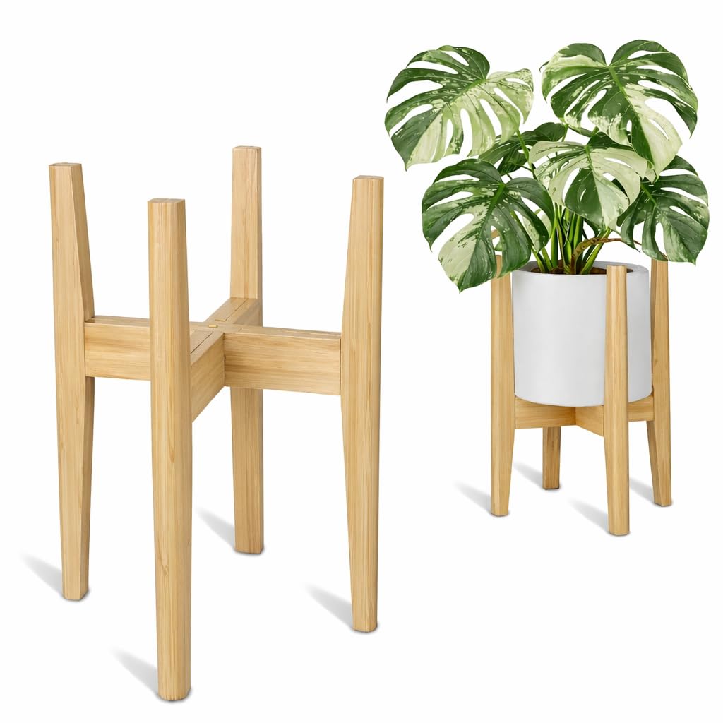 the lux | Adjustable Bamboo Plant Stand (20-30cm) | Flower Pots Holder, Indoor Display Rack for House Plants, Home Décor for Living Room, Office and Outdoor Garden Patio (Natural) — image 1