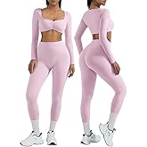 OMKAGI 2 Piece Workout Sets for Women Long Sleeve Padded Sports Bra High Waisted Gym Outfits with Pocket