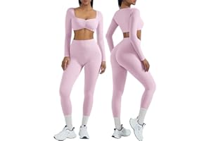 OMKAGI 2 Piece Workout Sets for Women Long Sleeve Padded Sports Bra High Waisted Gym Outfits with Pocket