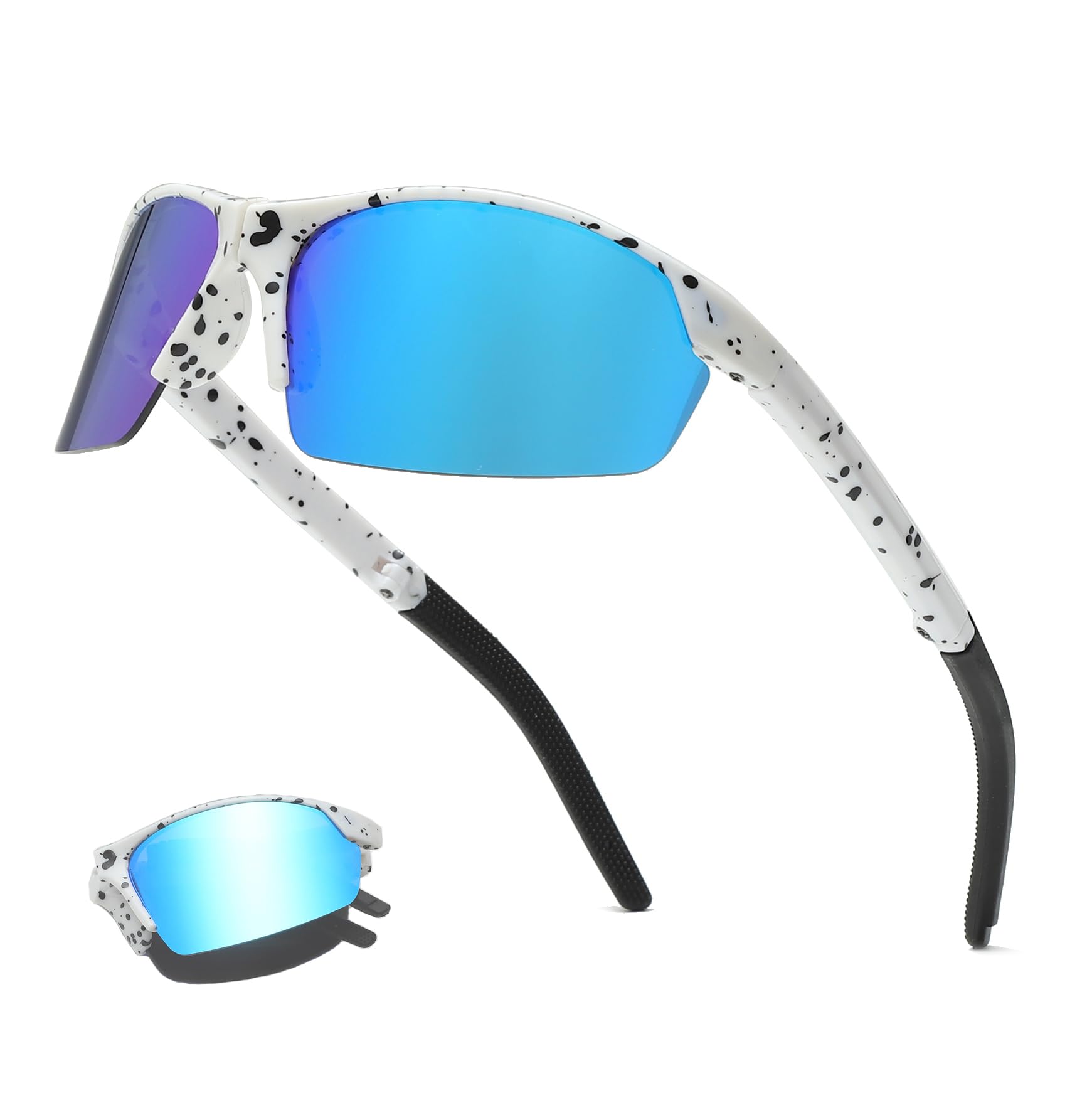 Long Keeper Foldable Sports Sunglasses for Men Women Youth Sports Running Glasses Windproof Cycling Goggles Softball Baseball Glasses UV Protection Shades (White Frame Blue Mirrored Lens)