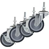 Houseables Caster Wheels, Casters, Set of 4, 3 Inch, Rubber, Heavy Duty, Threaded Stem Mount Industrial Castors, Locking Meta