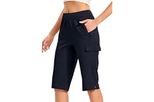 Rdruko Women's Long Hiking Shorts Below Knee Length 15" Bermuda Casual Short Capris with Zipper Pockets