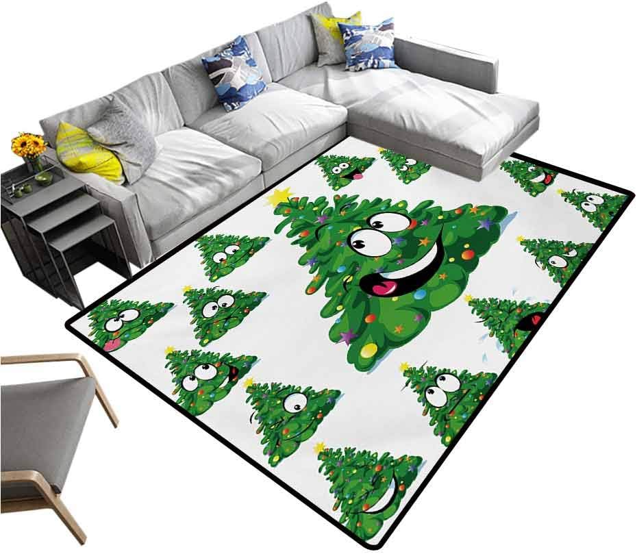 Christmas Rug Pad Christmas Tree Cartoon with Star and Different Funny Face Expressions Kids Carpet Green Yellow White (5'7"x6'6")
