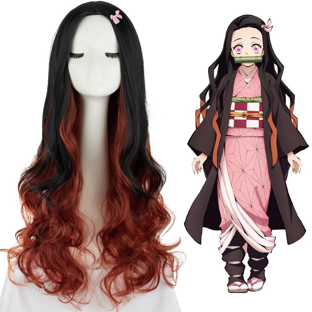 PORSMEER Cosplay Wig for Nezuko Kamado Demon Slayer,Japanese Anime Character Hair with Accessories, Long Wavy Hair for Halloween Cosplay (Black Orange) — image 1