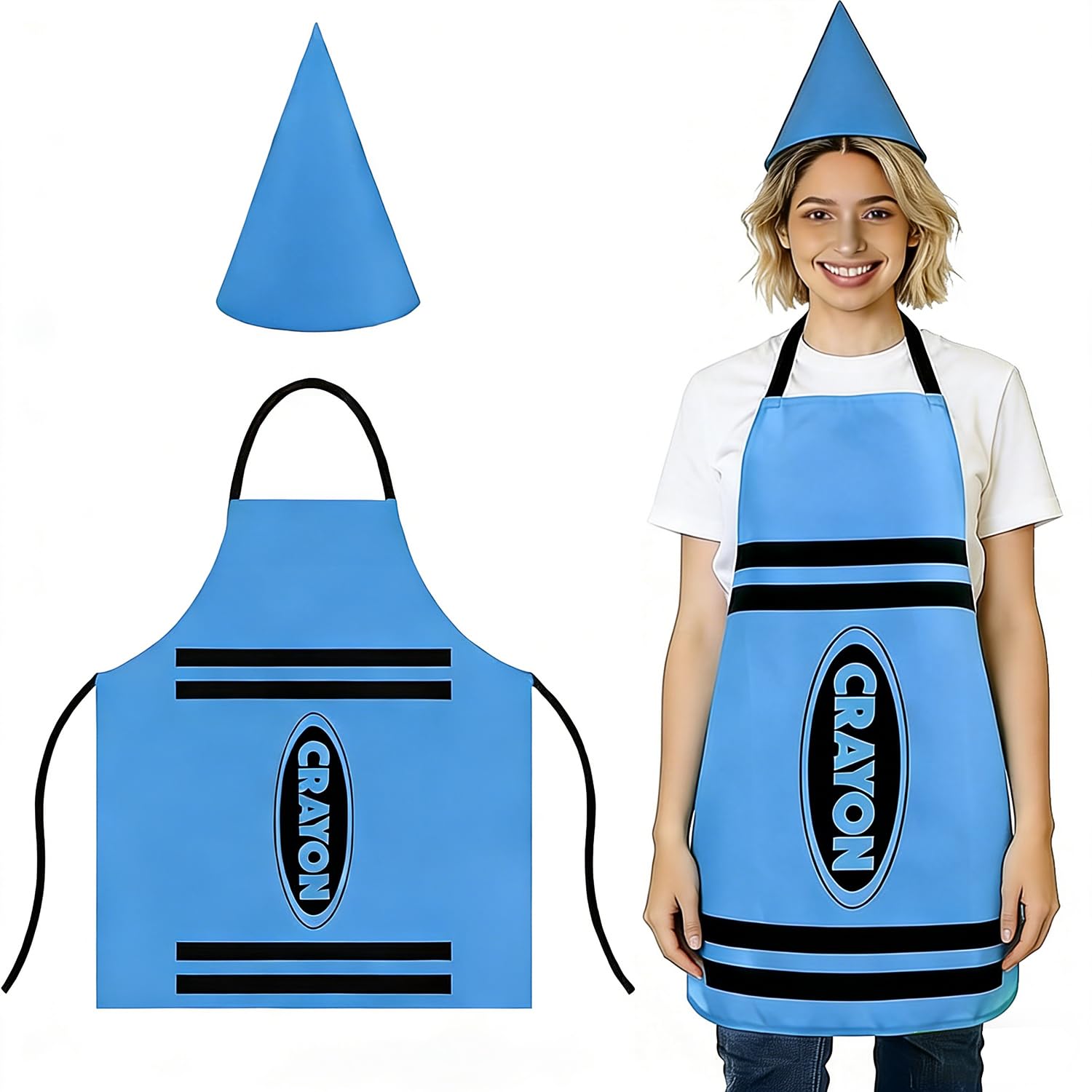 TIHNY Blue Crayon Outfit with Tabard Apron & Cone Hat, Kids and Adult Fancy Dress Costume, Ideal for Role Play, School Events and World Book Day