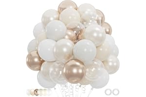 ZIZASARY 100pcs White Gold Balloons - 12inch Metallic Champagne Gold White Mixed Party Balloons for Weddings, Birthdays, Baby Showers (2 Ribbons)