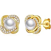 Beautitlry Gold Pearl Stud Earrings, 925 Sterling Silver Post 14K Gold Plated Hypoallergenic Small Stud Earrings with Pearl and CZ for Women