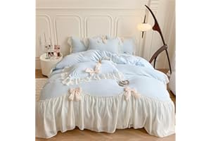 SOUKECHY Chic Lace Bedding,Girls Twin Aesthetic Comforter Cover Set,Romantic French Princess Style Ruffled Duvet Cover with Lovely Bow with Zipper Closure-Blue,Twin