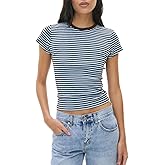 Y2k Baby Tees Crop Tops for Women Short Sleeve Fitted T Shirts Striped Patchwork Basic Cute Crewnecks 90s Going Out