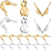 Beebeecraft 1 Box 200Pcs Bead Tips Knot Covers 18K Gold & 925 Sterling Silver Plated Brass 7mm Fold-Over Bead Tips Small Hole End Caps for DIY Bracelets Knots Crimp Findings Jewelry Making