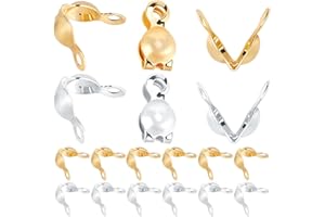 Beebeecraft 1 Box 200Pcs Bead Tips Knot Covers 18K Gold & 925 Sterling Silver Plated Brass 7mm Fold-Over Bead Tips Small Hole End Caps for DIY Bracelets Knots Crimp Findings Jewelry Making