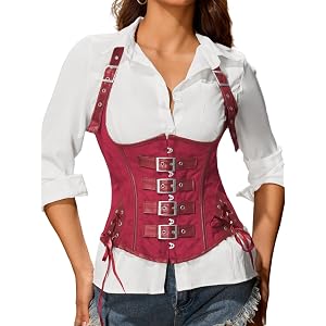 ChiaoLezhee Halter Buckle Underbust Corset with Straps, Lace-Up Waist Cincher Belt Boned, Rave Concert Club Tops For Women