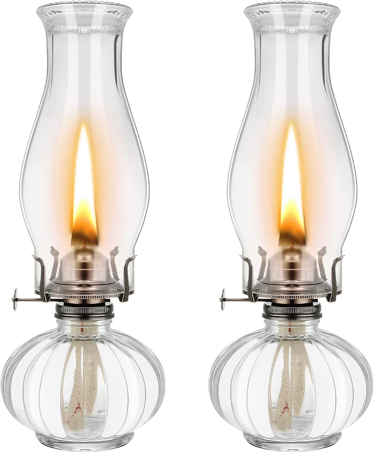 Oil Lamps & Accessories - 2 Set Chamber Oil Lamp Classic Kerosene Lamp Clear Large Oil Lantern Glass Hurricane Lamp Old Vintage Warm Home Mood Lighting with Adjustable Fire Wick for Indoor Use Chimney Burner, 13 Inches High
