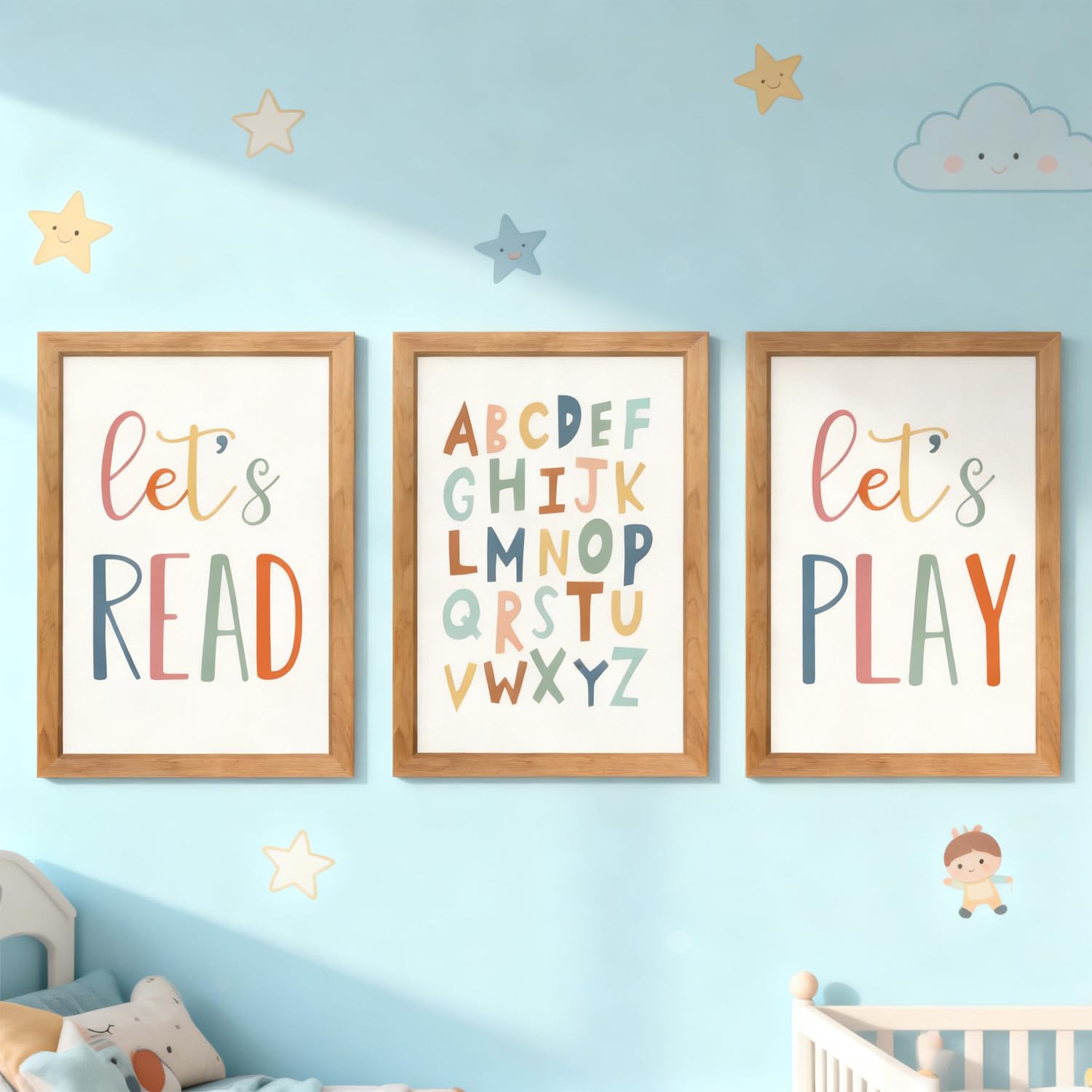 Photo 1 of 3 PCS Alphabet Framed Playroom Wall Decor,Classroom Must Haves Boho Educational ABC Poster Wooden Sign for Baby Girl Kid Boy Toddlers,Neutral Preschool English Letters Nursery Decor for Homeschool Kindergarten Kids Learning Natural