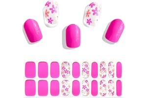 YIZHUO Semi Cured Gel Nail Strips Kit: Salon Quality Long Lasting, 20Pcs Hot Pink Flower Design for Weddings Parties Celebrations - Easy DIY Home Manicure (UV Lamp Required)