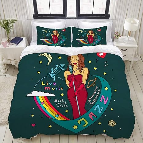 Amazon 布団カバー ダブル4点セット 枕カバー 掛け布団カバー ボックスシーツ 寝具カバー ジャズ歌手女性マイクミュージシャンボーカリスト ベッド用品 ボクスシーツ シルクみたい艶と肌触り感 四節適用 夏は涼しく冬は保温 掛カバー190 210cm 寝具カバー
