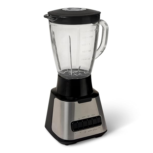 AMAZON BASICS POWERFUL 700W COUNTERTOP BLENDER WITH 6-CUP (50 FL. OZ) GLASS JAR, 6 PRE-PROGRAMMED FUNCTIONS, ICE CRUSH, STAINLESS STEEL BLADES, BLACK & SILVER