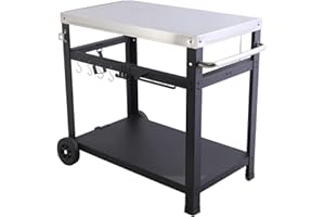 STEELBUS 33''x20'' Movable Dinning Cart Table,Metal Kitchen Food prep Work Table with 2 Big Caster,Pizza Oven Table,Grill Table Indoor & Outdoor