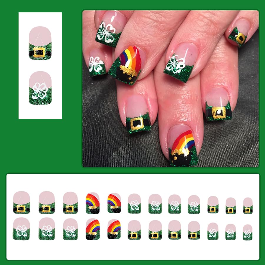 24Pcs St. Patrick's Day Press on Nails Short Square Green Glitter Tip Fake Nails Four Leaf Clover Stick on Nails With Glue on Nails Artificial Nails False Nails Holiday Gift False Nails for Women - Image 2