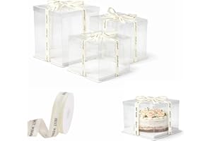 50Pcs 8.7x8.7x6.3" Clear Cake Boxes with Lids and Ribbon, Single Layer Transparent Cake Carrier Box for Birthday Wedding and 