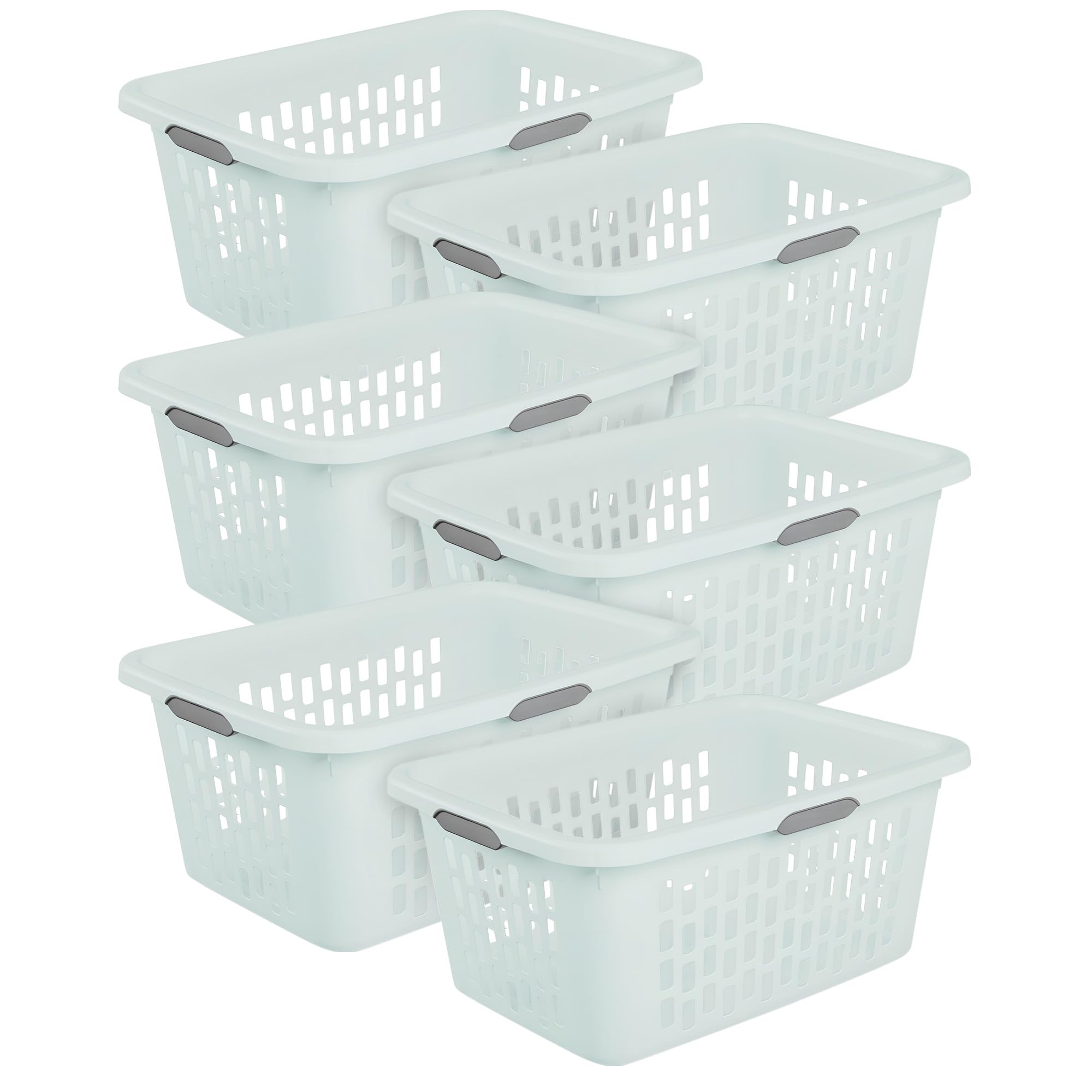 Sterilite 6-Pack 2 Bushel Laundry Basket, Rectangular Plastic Clothes Hamper, Mint - Ventilated Open-Top Utility Wash Bin with 4 Handles and Large Clothing Load Capacity
