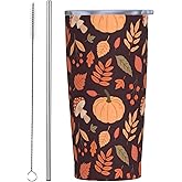 YIKISSKID Pumpkin Leaves Fall 20oz Tumbler with Lid and Straw for Women Men, Autumn Harvest Pumpkin Insulated Mug Thanksgiving Stainless Steel Tumbler Double Wall Vacuum Travel Mug Coffee Cup